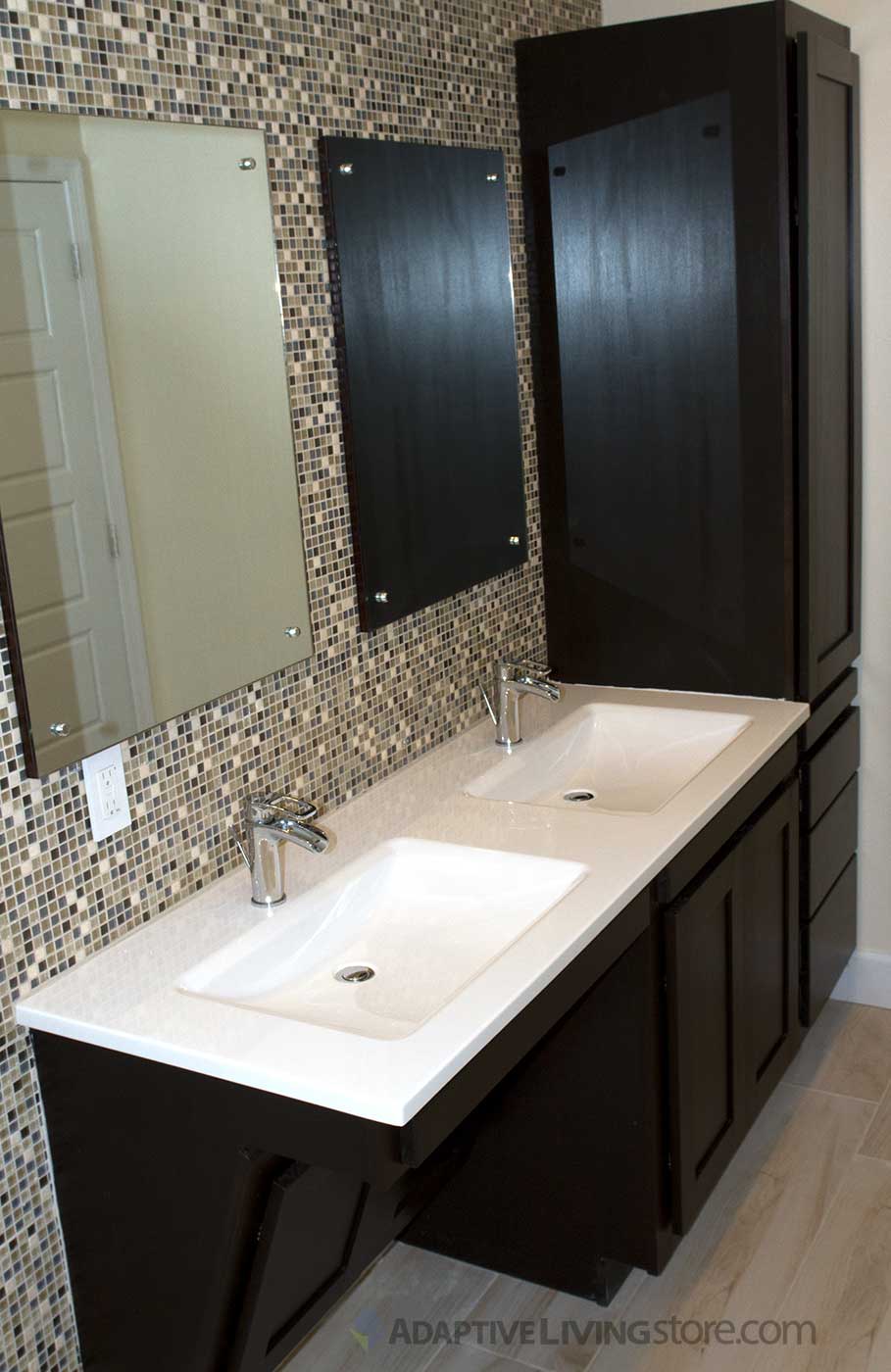 ADA Cabinets with double sinks custom with linen drawers