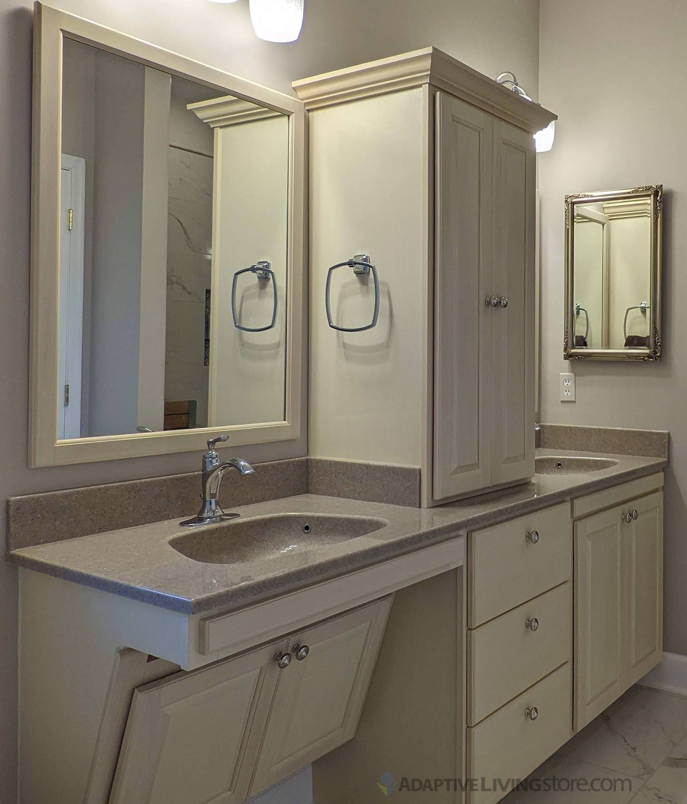 Wheelchair bathroom double sink combo with counter tall boy cabinet